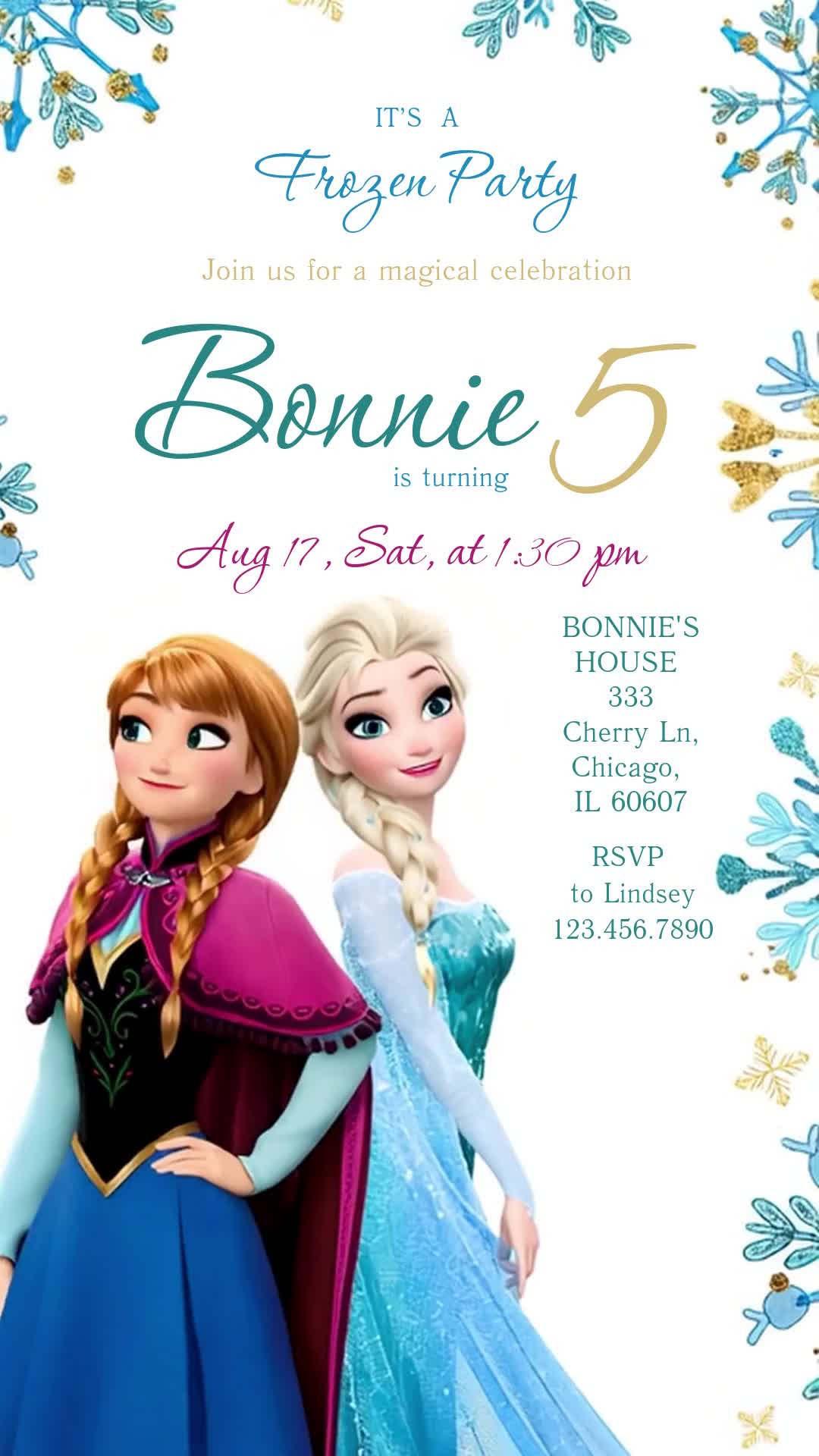 Frozen fifth birthday invitation with Anna and Elsa at lower left, a white background, turquoise snowflake and gold edging, teal script name and gold age number.
