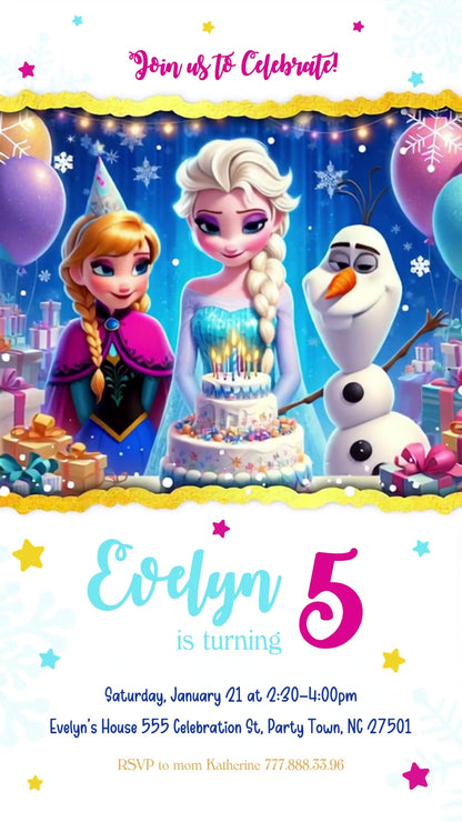 Frozen fifth birthday invitation with chibi-style Elsa, Anna and Olaf, a birthday cake and gifts, gold edges and colorful stars.