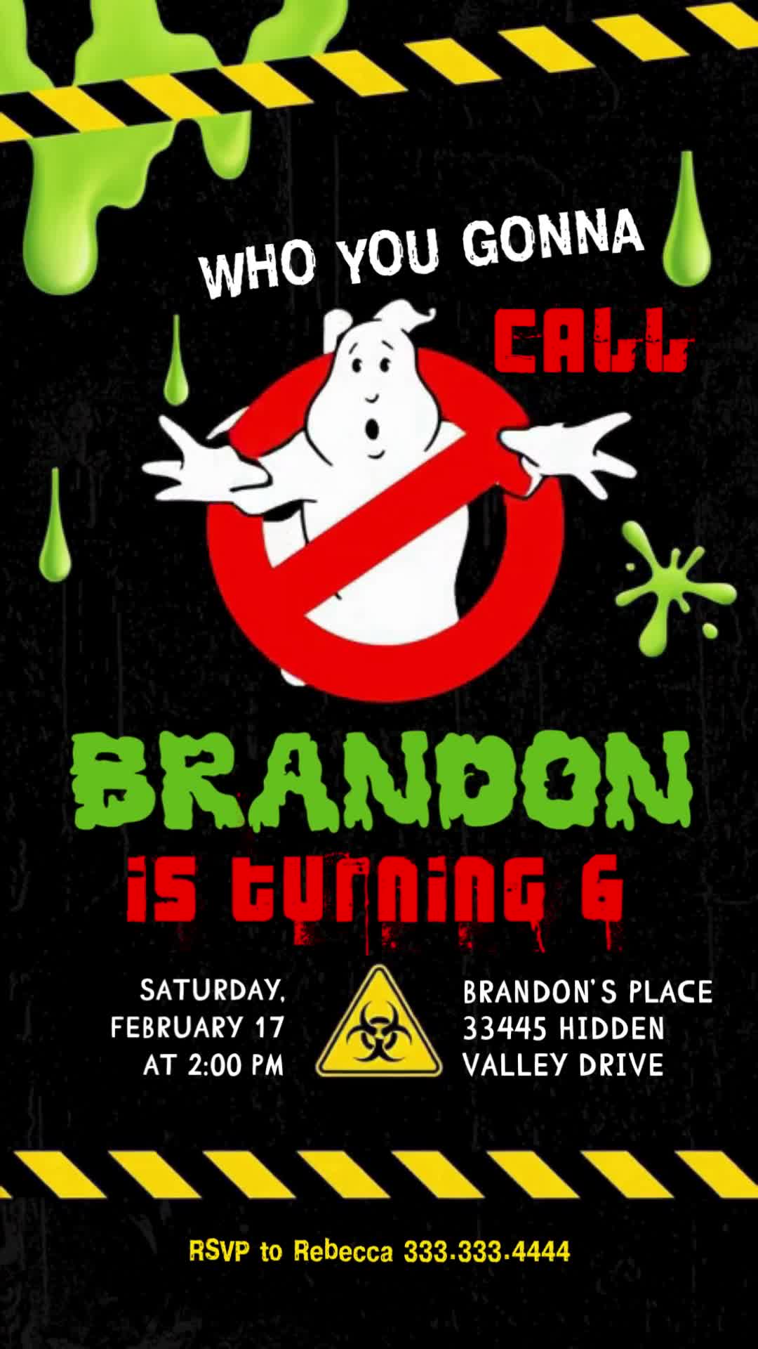 Ghostbusters animated sixth birthday invitation with ghost logo, green slime and yellow-and-black hazard stripes.