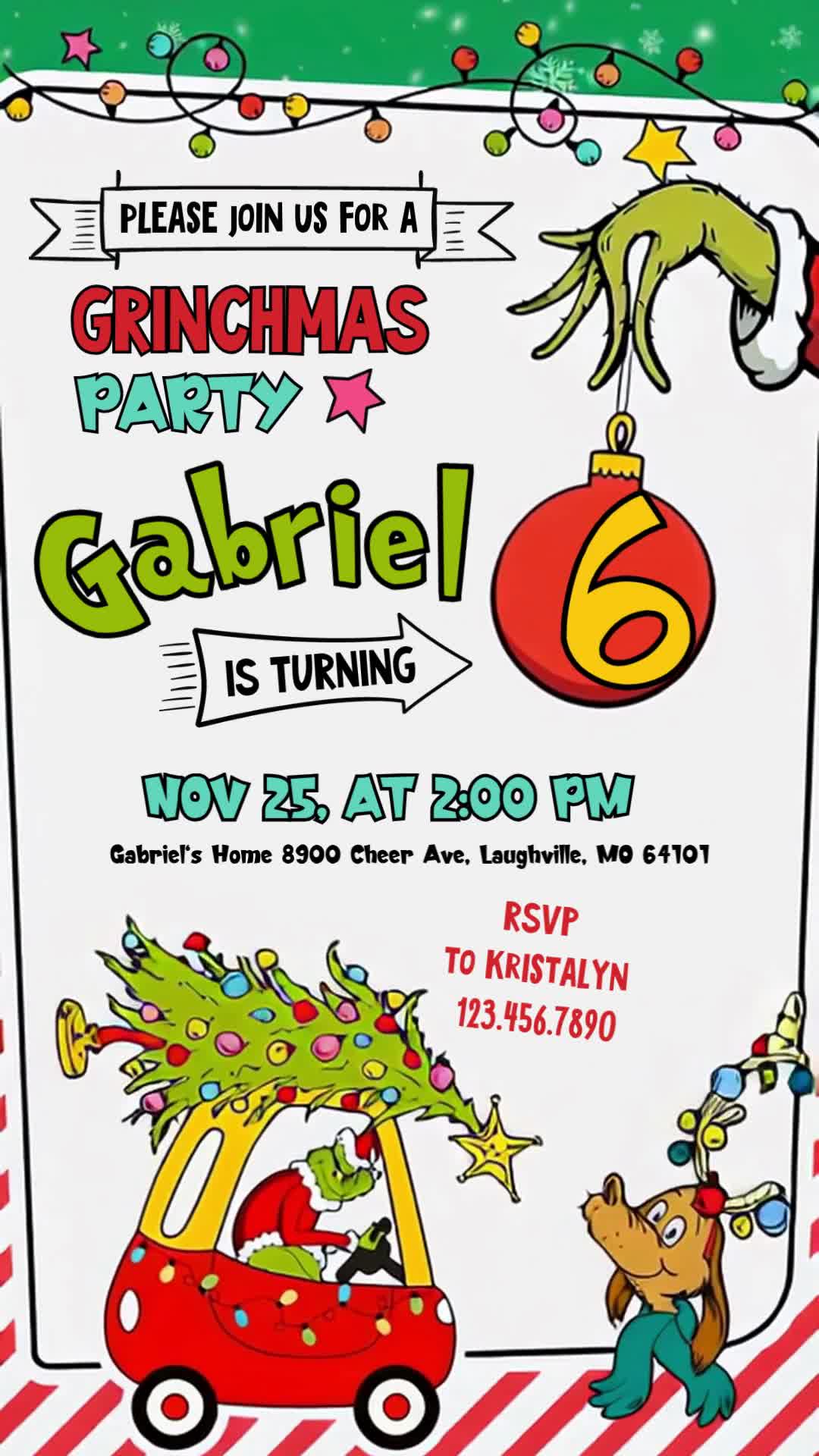 Grinchmas sixth birthday invitation with a red car and Christmas tree, Max, colorful holiday lights, green name, age ornament and striped border.