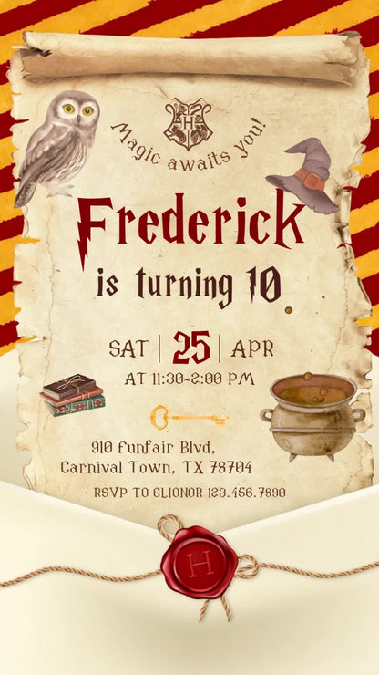 Harry Potter animated tenth birthday invitation with a parchment scroll, wax-sealed envelope, owl, wizard hat and red-and-gold stripes.