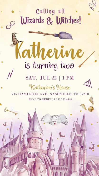 Harry Potter second birthday invitation with a purple watercolor castle, flying owl, wizard icons, cream background, gold name and plum text.