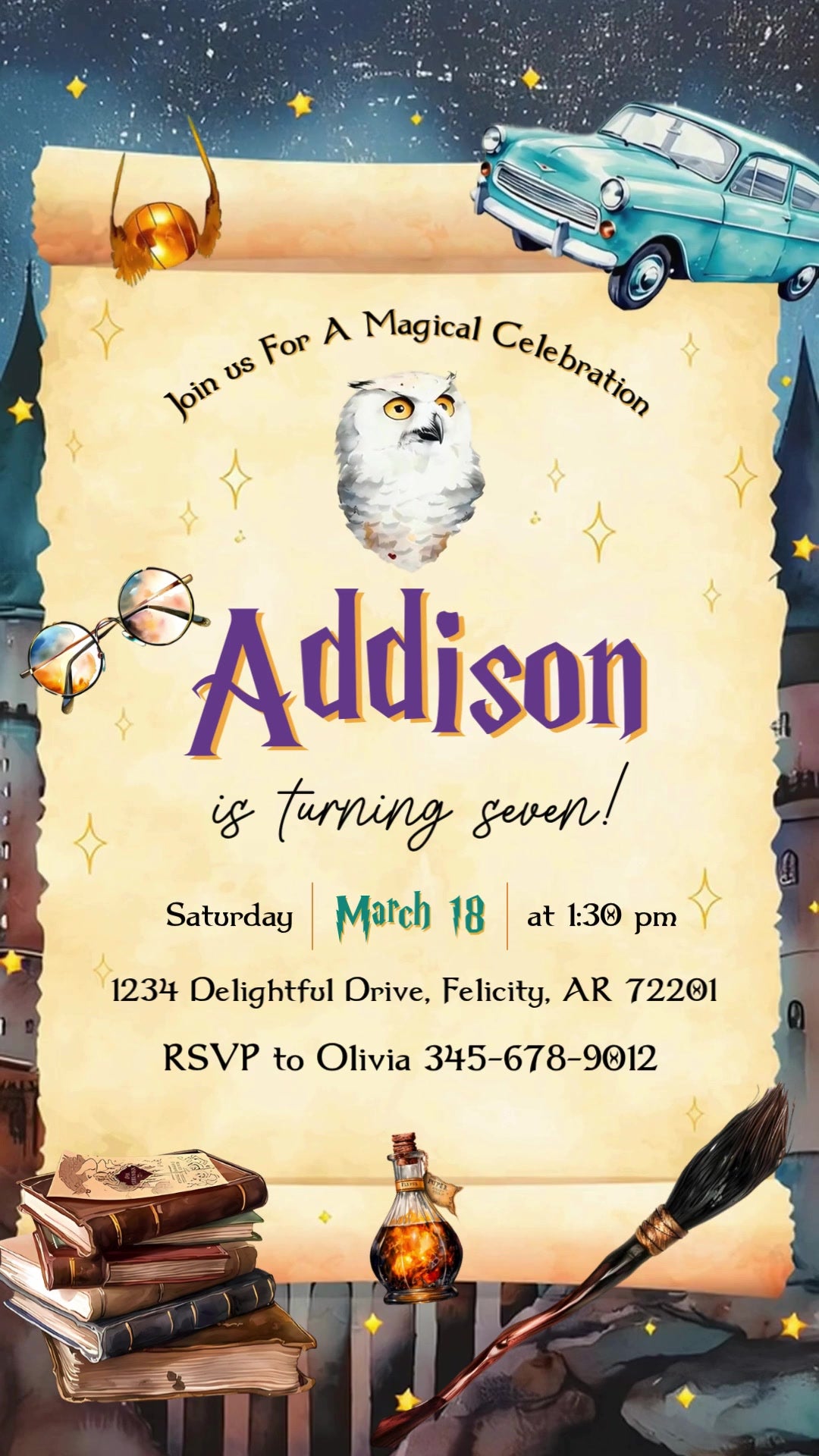 Harry Potter seventh birthday invitation with an owl, parchment scroll, moonlit castle, flying car, snitch, books and quill.