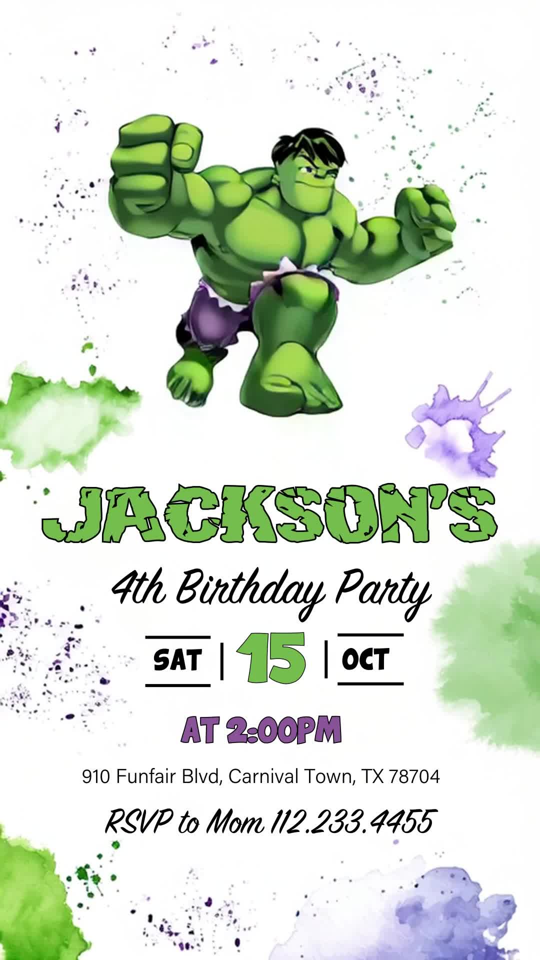 Hulk animated fourth birthday invitation with a centered green Hulk, green-and-purple watercolor splashes and bold lettering on white.