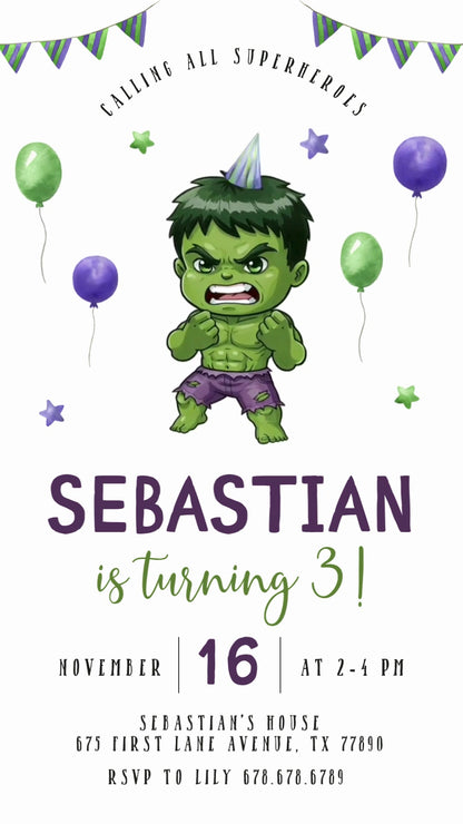 Baby Hulk third birthday invitation on white with a party hat, green-and-purple balloons, pennant bunting and stars.