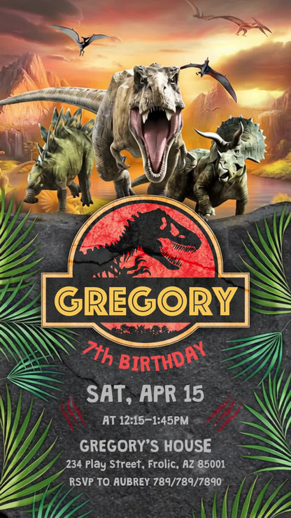 Jurassic animated seventh birthday invitation with three dinosaurs, an orange volcanic sky, a red-and-gold name badge and green palm fronds.