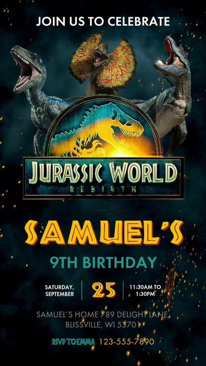Jurassic World Rebirth ninth birthday invitation with three dinosaurs, a glowing emblem, golden sparks and yellow and teal party details.