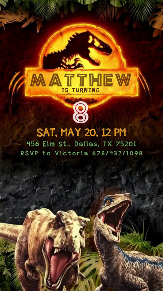 Jurassic World eighth birthday invitation with a fiery gold name badge, dark stone, foliage, two dinosaurs along the bottom and centered event details.
