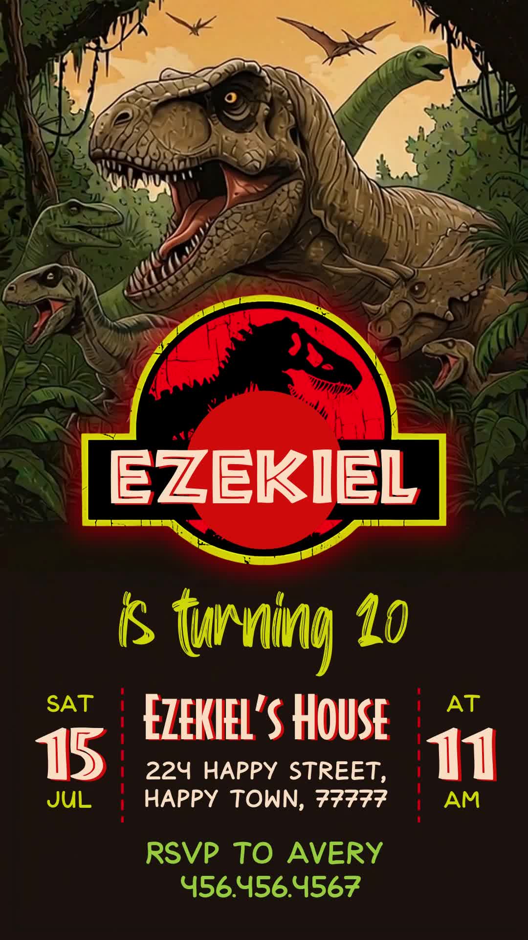 Jurassic World tenth birthday invitation with illustrated jungle dinosaurs, a red name badge, lime age lettering and lower date, venue, time and RSVP details.