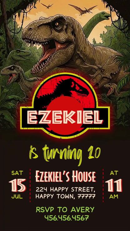 Jurassic World tenth birthday invitation with illustrated jungle dinosaurs, a red name badge, lime age lettering and lower date, venue, time and RSVP details.