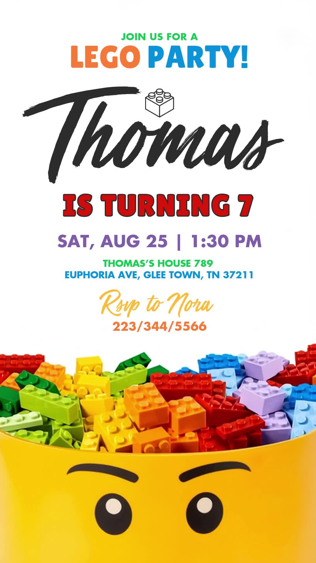LEGO animated seventh birthday invitation with colorful bricks filling a large yellow smiling head, black script lettering and a white background.