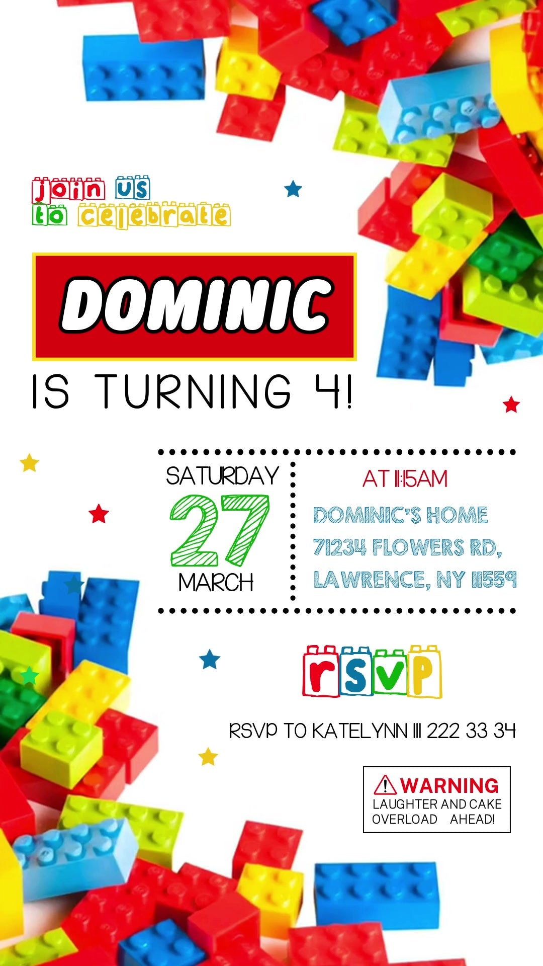 LEGO fourth birthday invitation on white with colorful bricks in diagonal corners, scattered stars, a red name banner and dotted event-detail dividers.