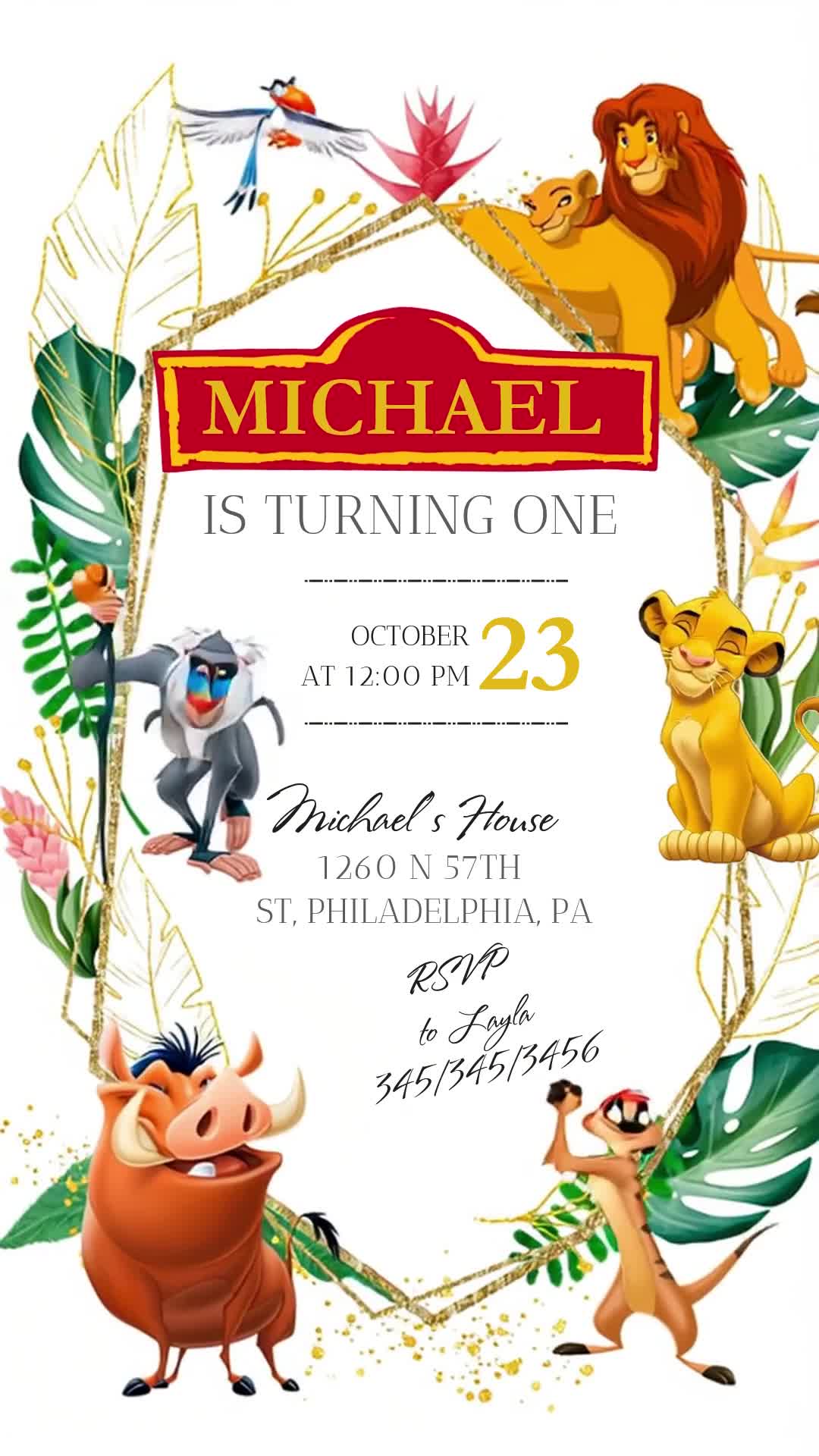 Lion King animated first birthday invitation with a gold geometric frame, tropical leaves, red-and-gold nameplate, lion cub and friends.