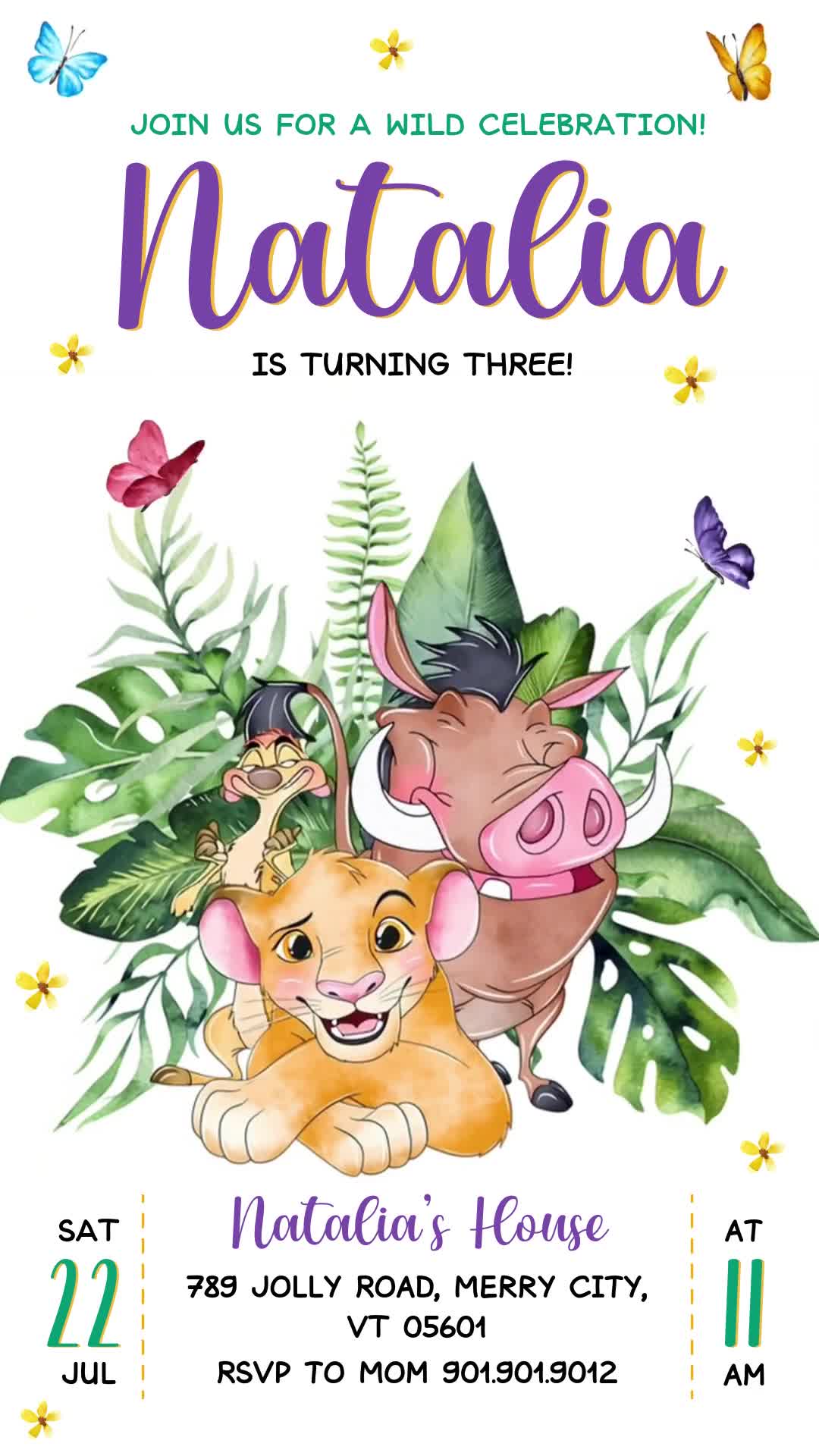 Lion King third birthday invitation with Simba, Timon and Pumbaa, tropical leaves, butterflies, a purple name and clear event details on white.