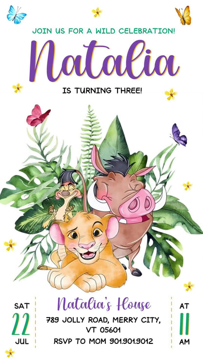 Lion King third birthday invitation with Simba, Timon and Pumbaa, tropical leaves, butterflies, a purple name and clear event details on white.