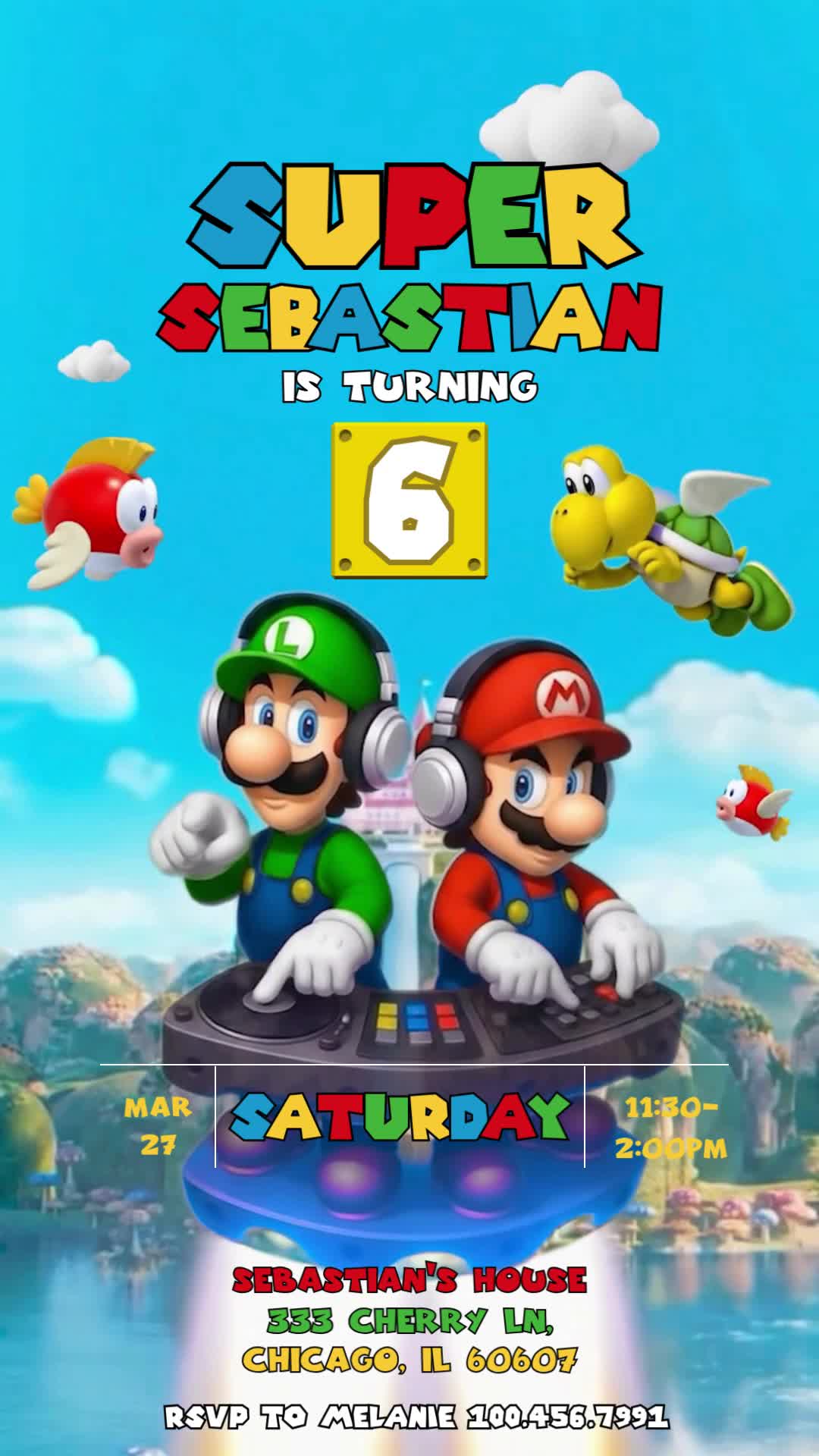 Mario and Luigi animated sixth birthday invitation with headphones, a flying DJ turntable, blue coastal kingdom and colorful lettering.