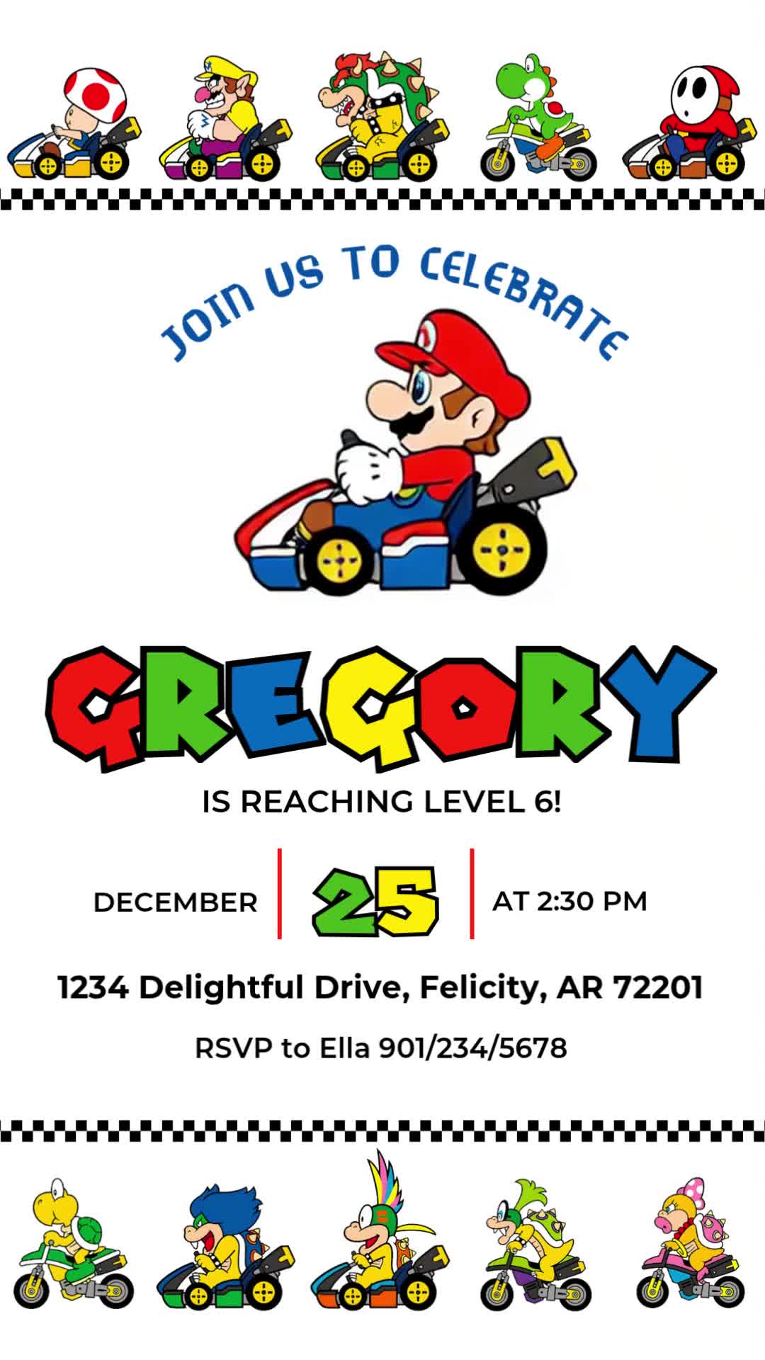 Mario Kart sixth birthday invitation with colorful racer rows, checkered stripes, a central kart, multicolored name and clear event text on white.