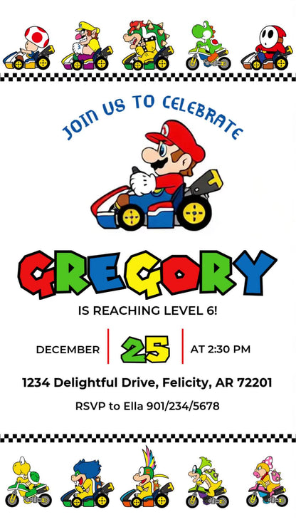 Mario Kart sixth birthday invitation with colorful racer rows, checkered stripes, a central kart, multicolored name and clear event text on white.
