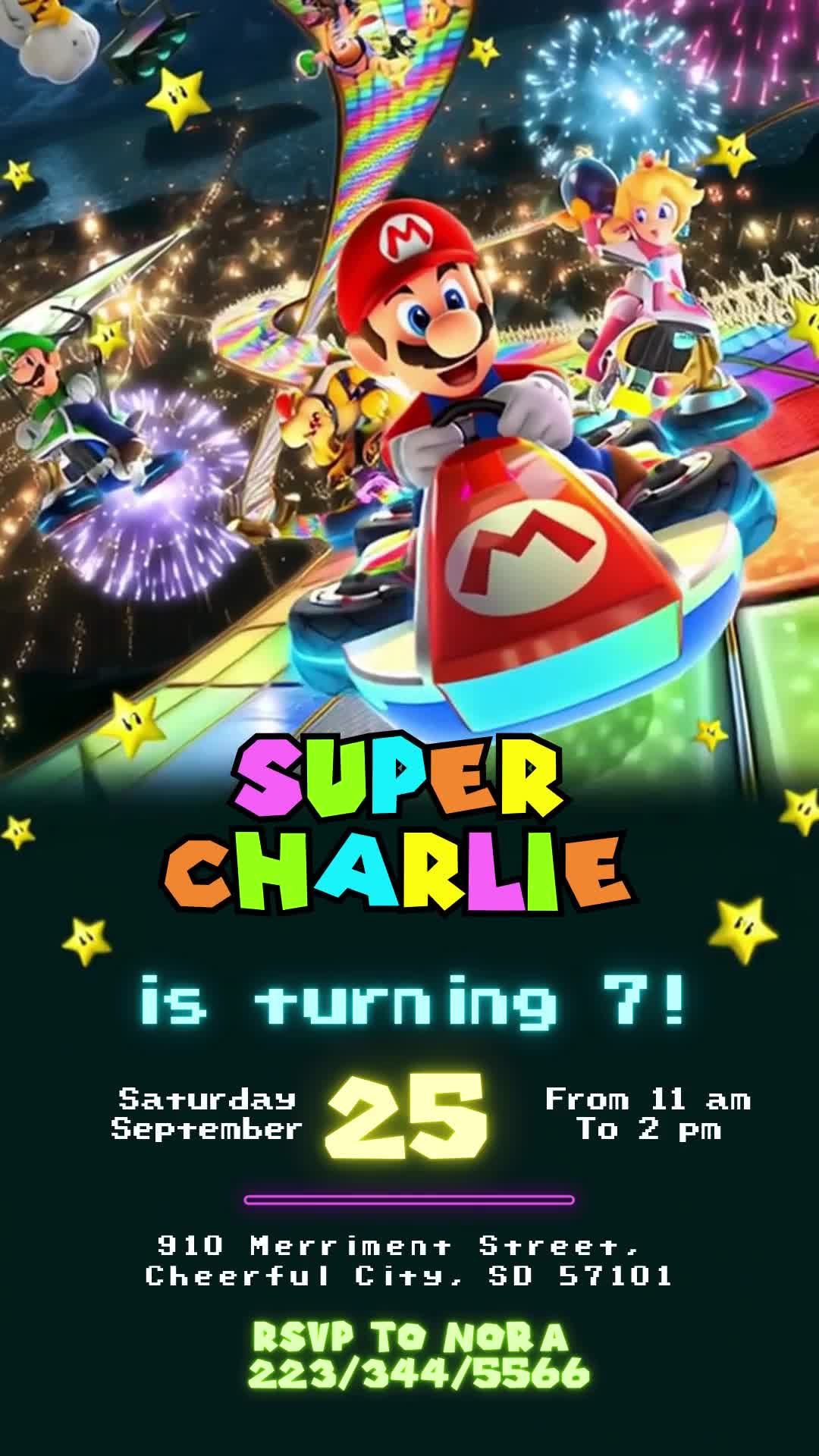 Mario Kart seventh birthday invitation with colorful racers on a rainbow night track, fireworks, stars and bright event details on a dark lower panel.