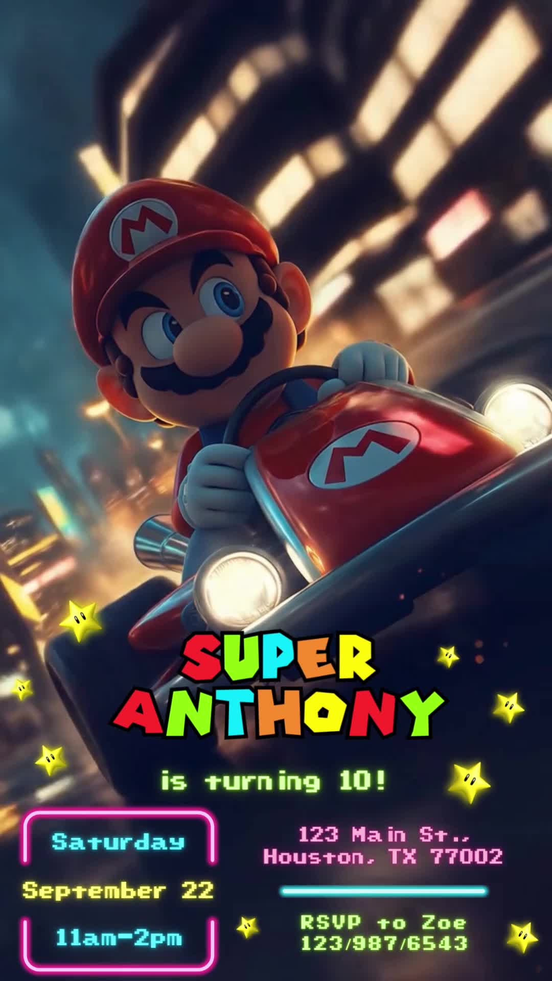 Mario Kart tenth birthday invitation with a close-up of Mario in a red kart at night, glowing stars, a colorful name and neon date, address and RSVP panels.