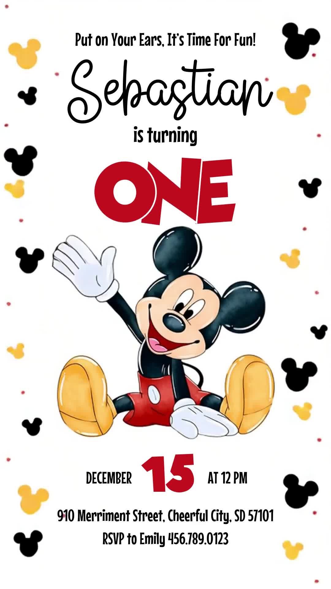 Mickey Mouse animated first birthday invitation with seated waving Mickey, black-and-gold ear silhouettes, black script lettering and red ONE on white.