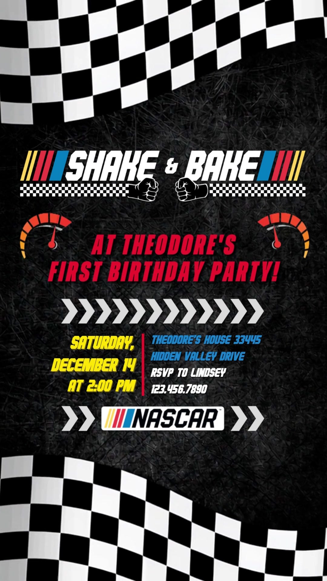 NASCAR first birthday invitation with black texture, waving checkered flags, speedometers, racing stripes and red birthday lettering.