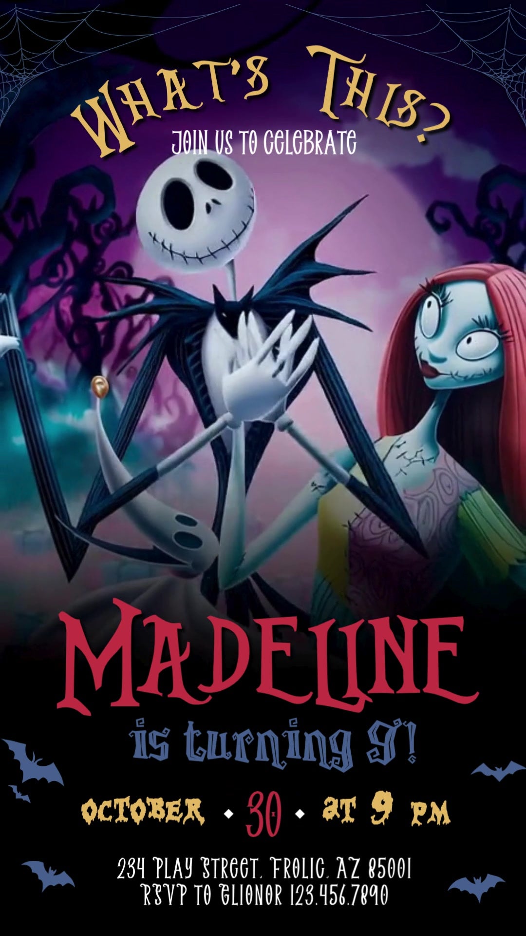 Nightmare Before Christmas ninth birthday invitation with Jack and Sally, a purple moon, spiderweb corners and colorful party details.