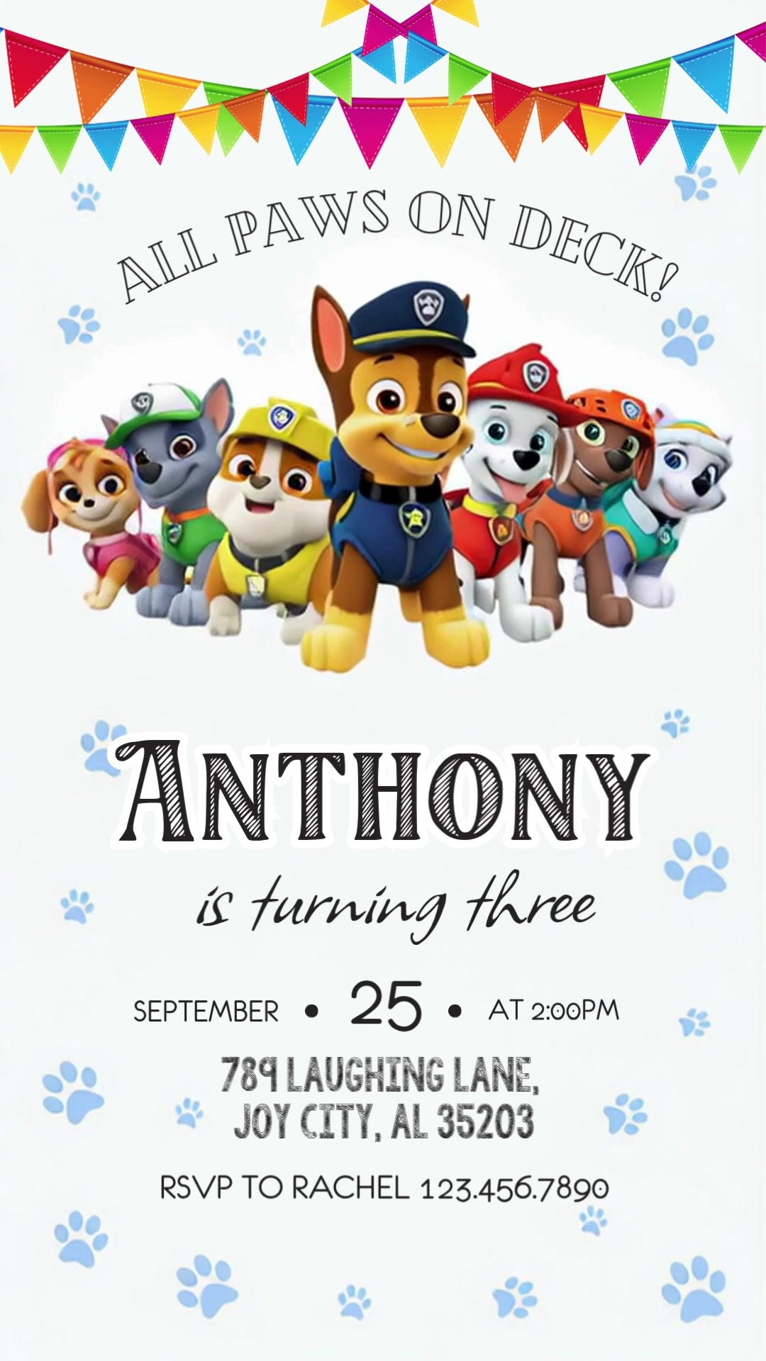 PAW Patrol third birthday invitation on white with blue paw prints, rainbow pennant bunting and multiple pups with Chase at the front.