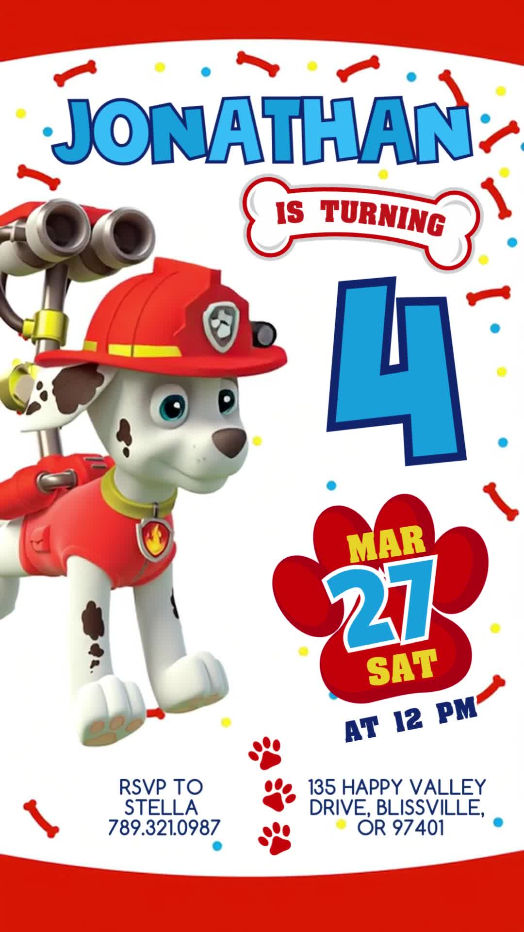 PAW Patrol fourth birthday invitation with Marshall on the left, red curved borders, blue name and age, a paw-shaped date and separate event details on white.