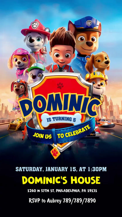 PAW Patrol fifth birthday invitation with Ryder and the pup team, a bold name shield, city backdrop and yellow and white event details.