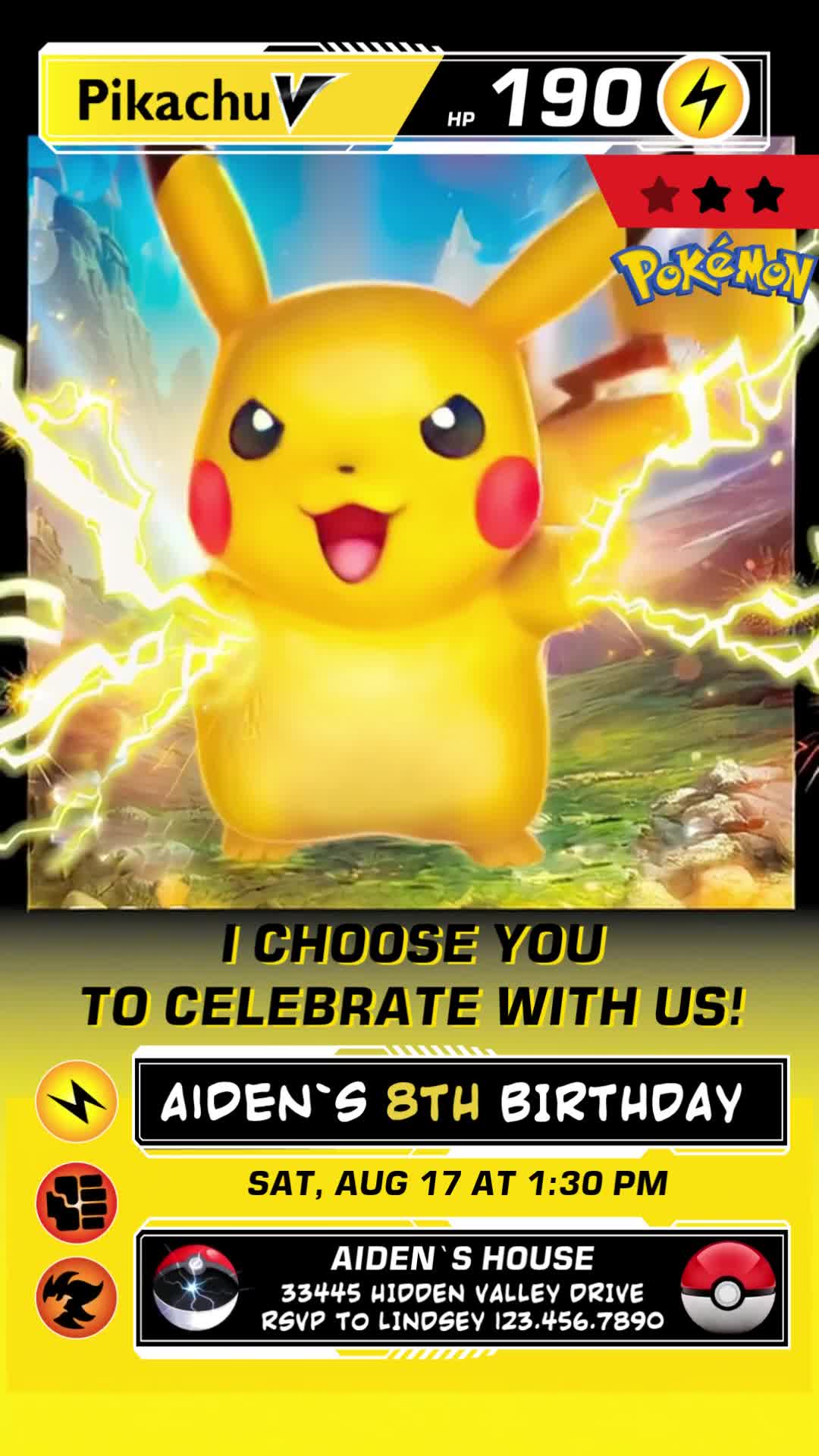 Pokémon animated eighth birthday invitation with Pikachu, lightning, yellow-and-black trading-card styling and Poké Ball accents.