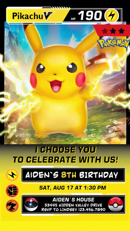 Pokémon animated eighth birthday invitation with Pikachu, lightning, yellow-and-black trading-card styling and Poké Ball accents.