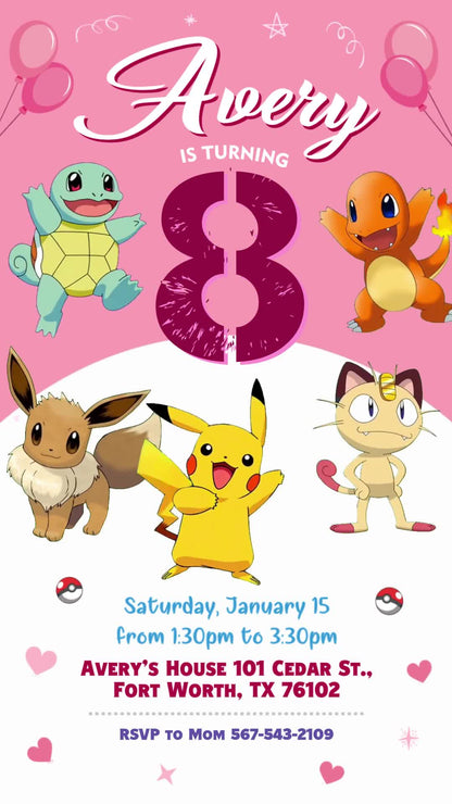 Pokémon eighth birthday invitation with a pink-and-white wave, balloons, hearts, a large age number and five character friends.