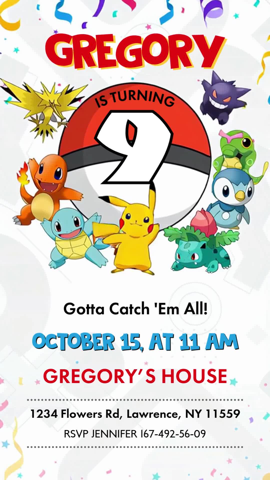 Pokemon ninth birthday invitation with a large Poké Ball, a ring of characters, red and yellow name lettering, confetti and clear event details on white.
