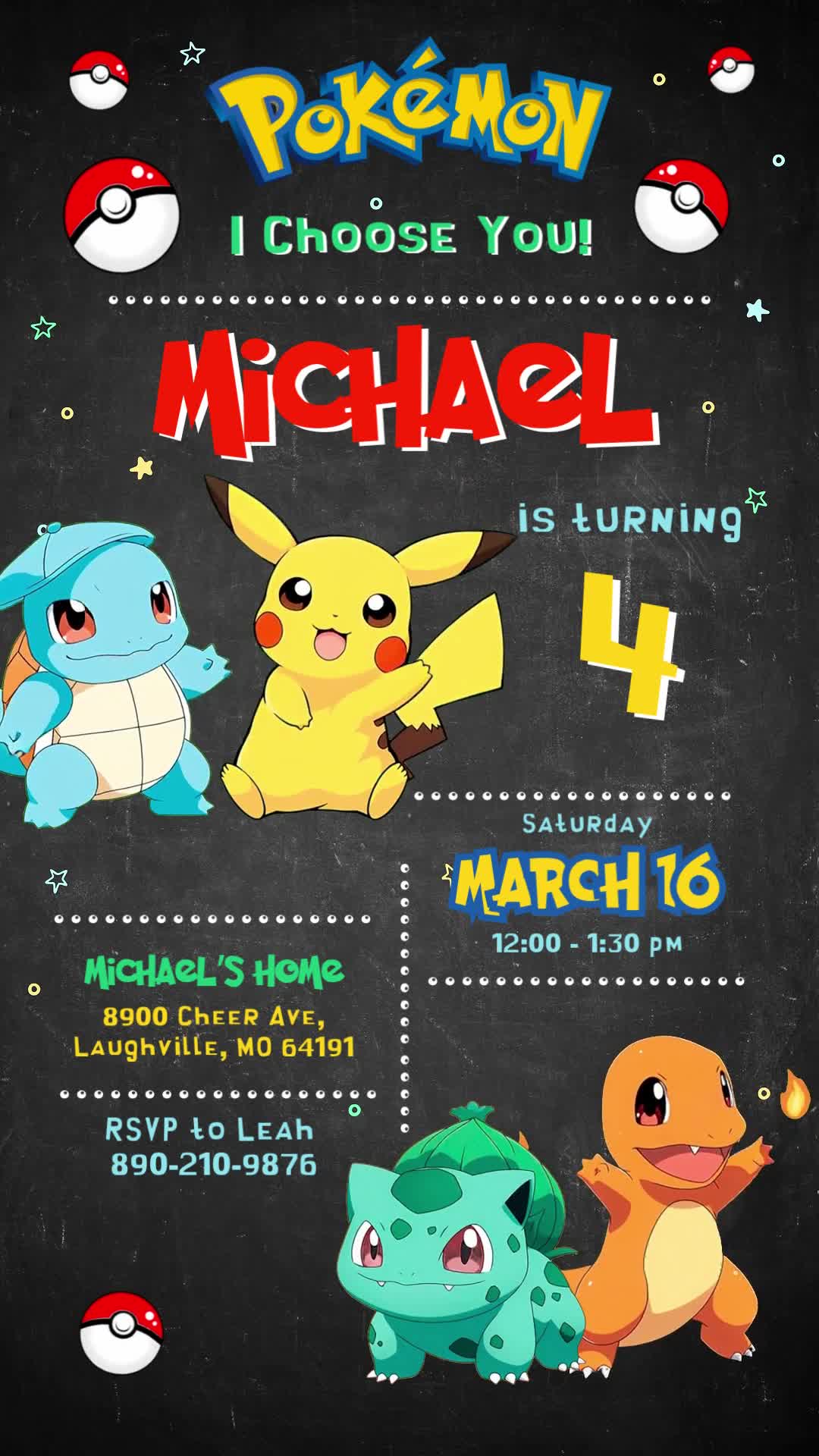 Pokémon fourth birthday invitation with paired cute characters at opposite corners, a black chalkboard, colorful name and age, and dotted event-detail blocks.
