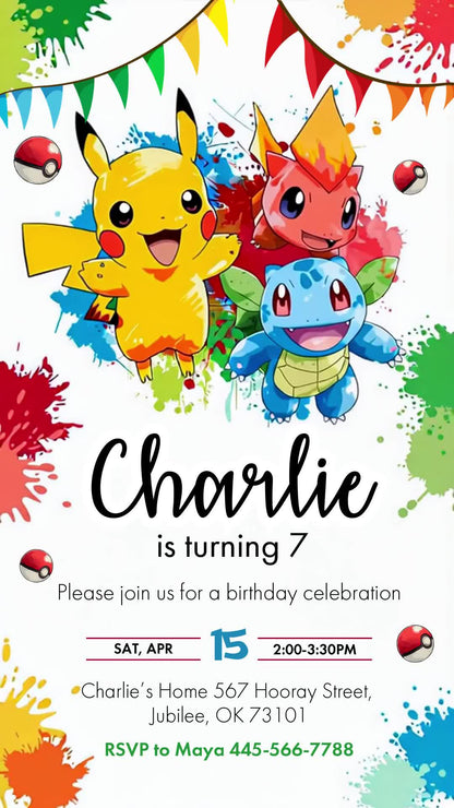 Pokémon seventh birthday invitation with Pikachu and a colorful character trio, paint splashes, rainbow bunting and black script name on white.