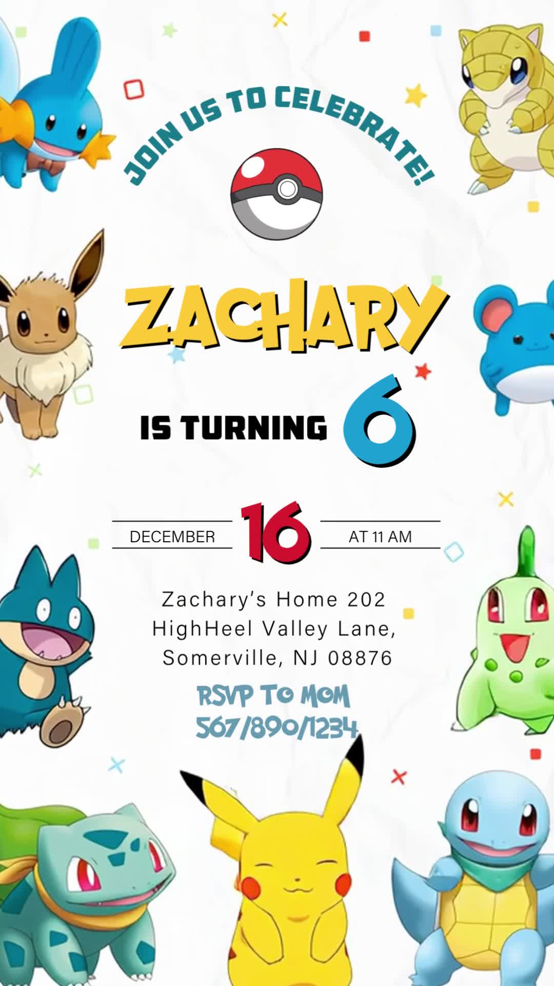 Celebrate a sixth birthday with an illustrated Pokemon character border, a yellow name, blue age and clear event details on a white background.