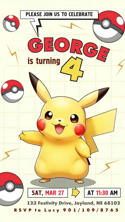 Pokémon fourth birthday invitation with a large Pikachu, cream grid background, Poké Balls, lightning accents and bold red and yellow lettering.