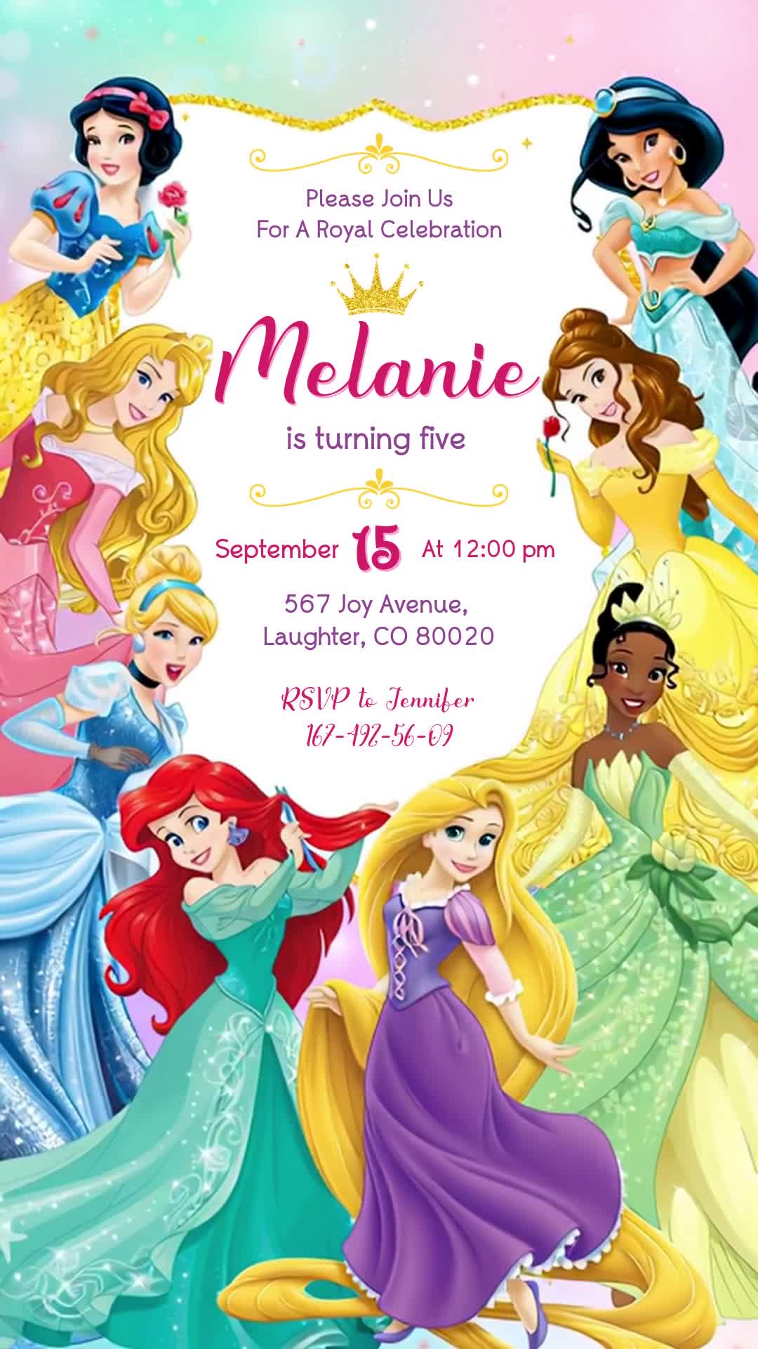 Disney Princess animated fifth birthday invitation with eight princesses, a mint-and-pink background, gold-edged royal frame and crown.