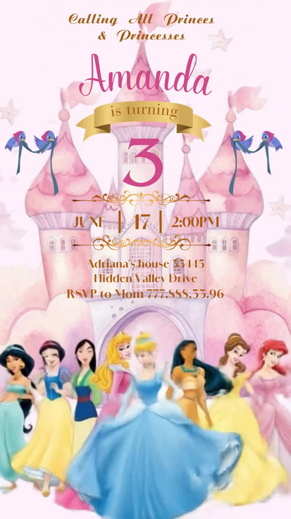 Disney Princess third birthday invitation with a pink castle, gold ribbon, large pink age number and princess group along the bottom.