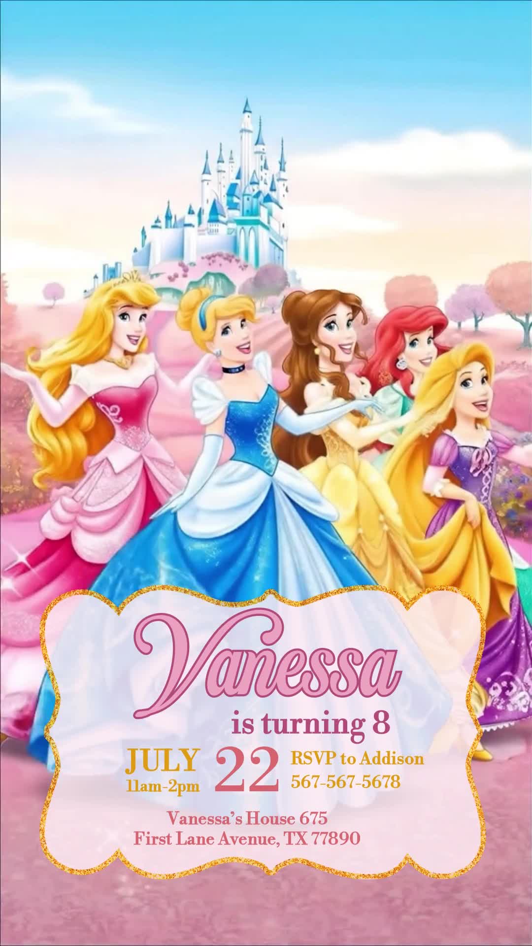 Celebrate an eighth birthday with five illustrated princesses in front of a castle and a pink, gold-edged event panel.