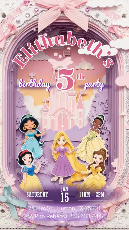 Disney Princess fifth birthday invitation with paper-cut-style princesses, pink castle, layered lilac arch, ribbon bows and curved name lettering.
