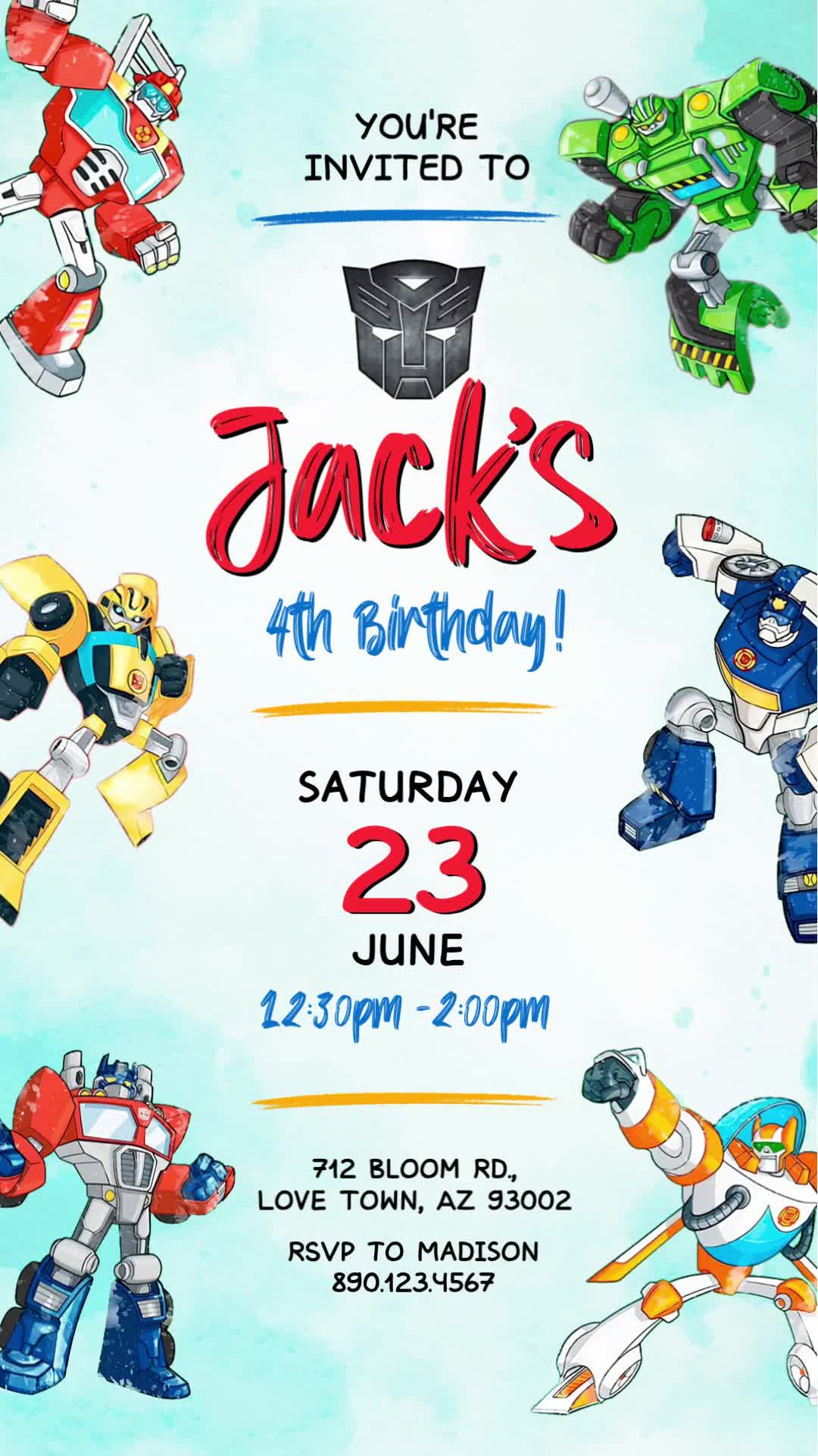 Rescue Bots animated fourth birthday invitation with six watercolor-style robots, a pale cyan center, black emblem and red-and-blue lettering.
