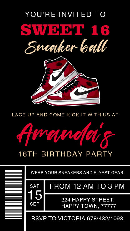 Sweet sixteen sneaker ball animated invitation with red high-top sneakers, black ticket layout, cream script and a barcode-style date grid.