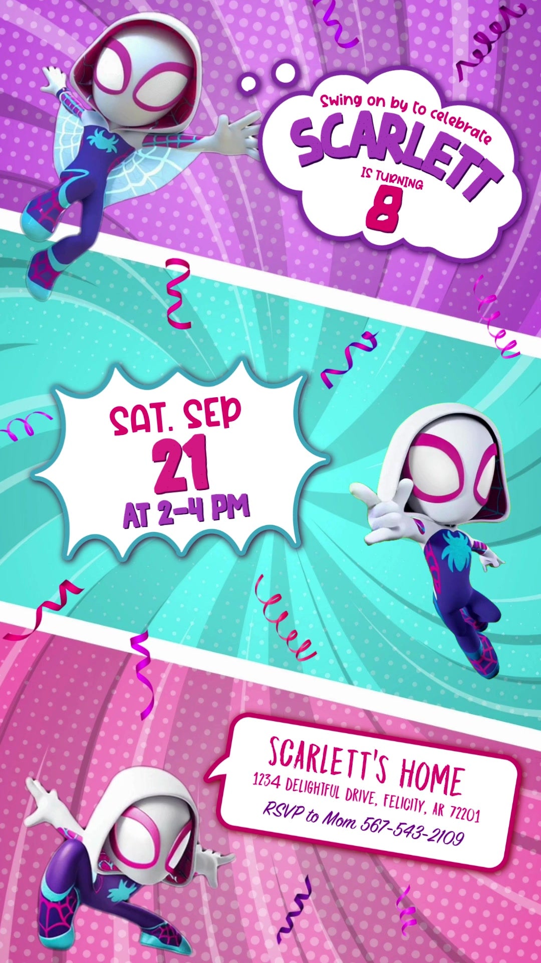Spider-Gwen animated eighth birthday invitation with three character poses across purple, teal and pink diagonal panels, comic bubbles and confetti.