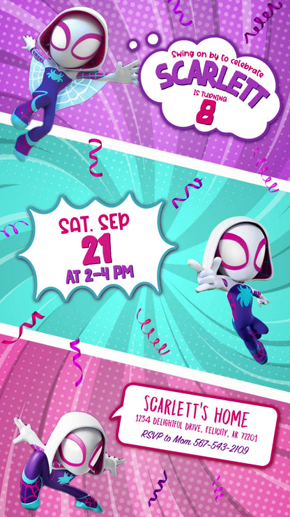 Spider-Gwen animated eighth birthday invitation with three character poses across purple, teal and pink diagonal panels, comic bubbles and confetti.