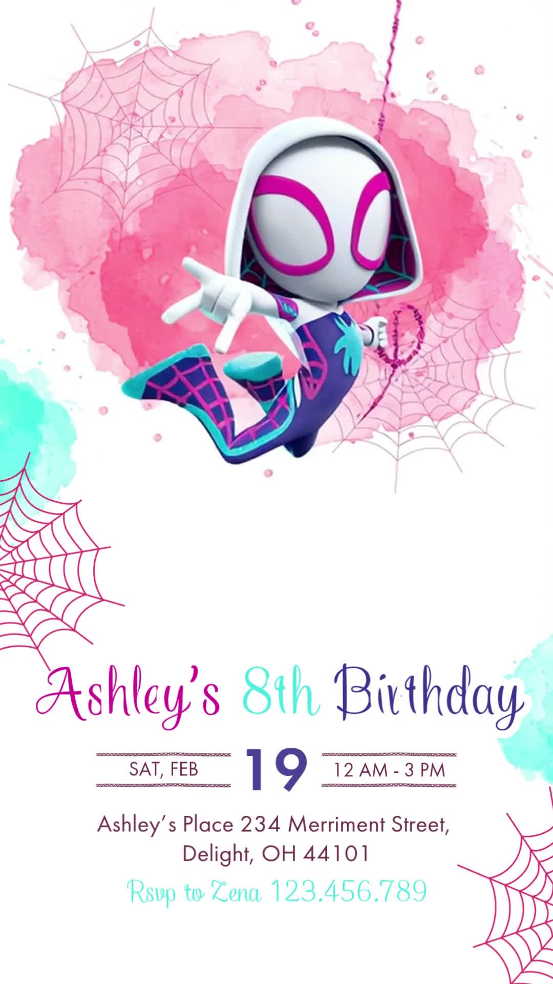 Spider-Gwen eighth birthday invitation on white with pink and mint watercolor splashes, webs, one swinging Gwen and flowing party lettering.