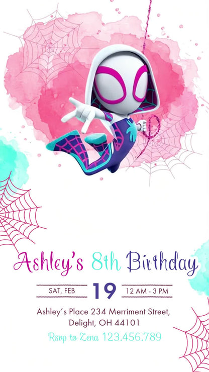 Spider-Gwen eighth birthday invitation on white with pink and mint watercolor splashes, webs, one swinging Gwen and flowing party lettering.