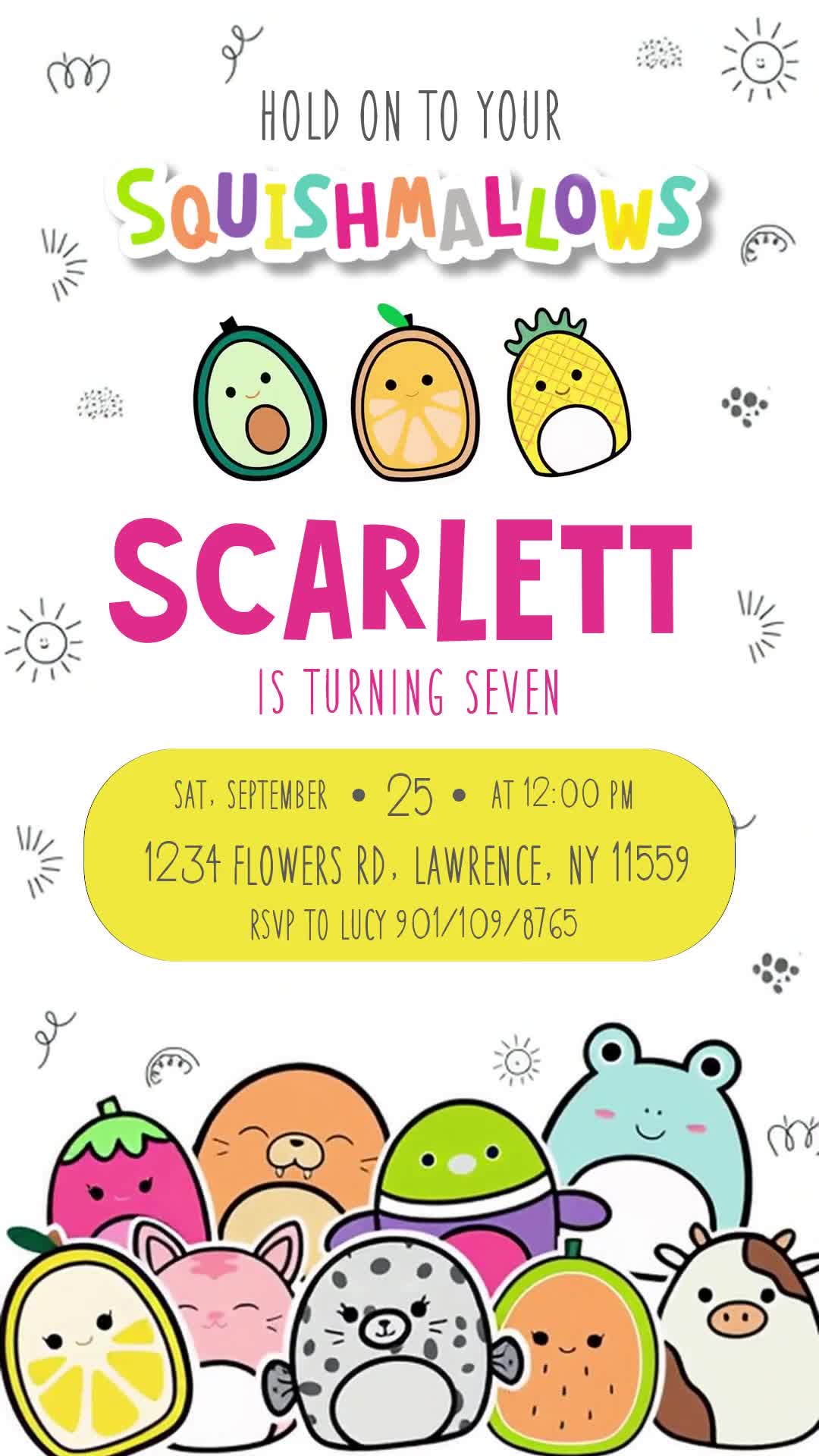 Squishmallows seventh birthday invitation with colorful food and animal friends, doodles on white, a pink name and rounded yellow event-detail panel.