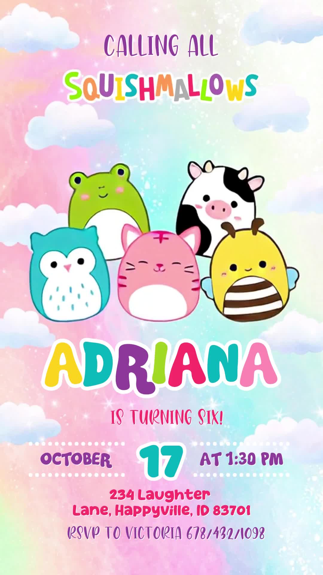 Five illustrated plush animal characters on pastel clouds, with a rainbow name and colorful event details.
